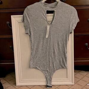 Popular Basics gray ribbed mock neck body suit W double keyhole cutouts  NWT L